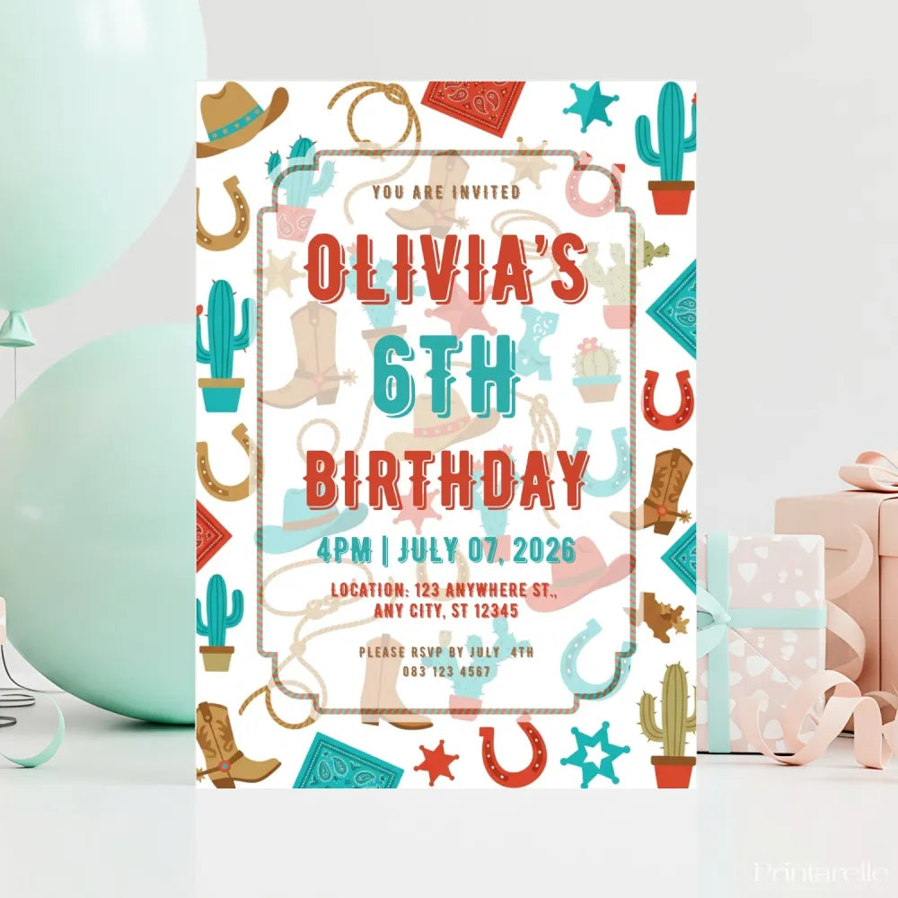 Personalised Cowboy Western Birthday Party Invitation – Cactus Boots & Lasso Rope Border - birthday party, wild west,