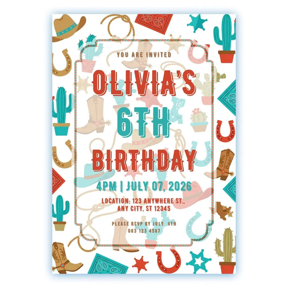 Personalised Cowboy Western Birthday Party Invitation – Cactus Boots & Lasso Rope Border - birthday party, wild west,