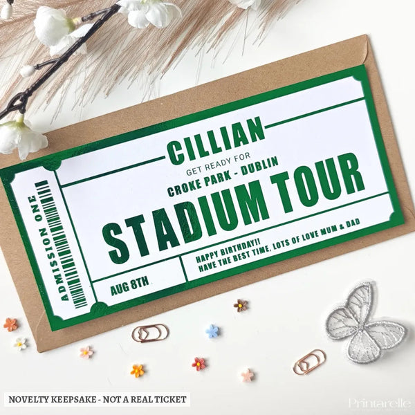 Green and white personalised croke park stadium tour ticket for cillians birthday at croke park in dublin printed on paper