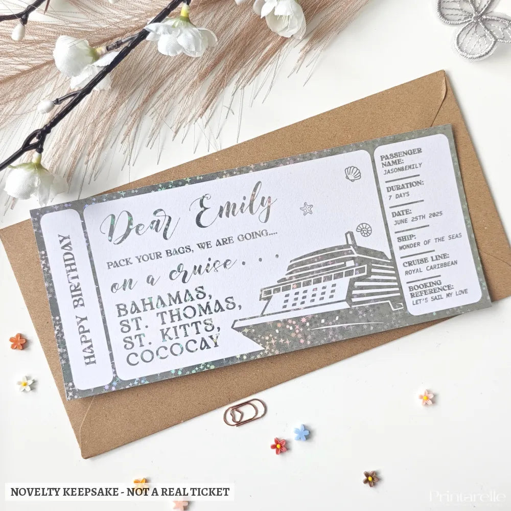 Personalised Cruise Ticket Gift | Travel Destination Surprise - personalised cruise, silver holographic, personalised