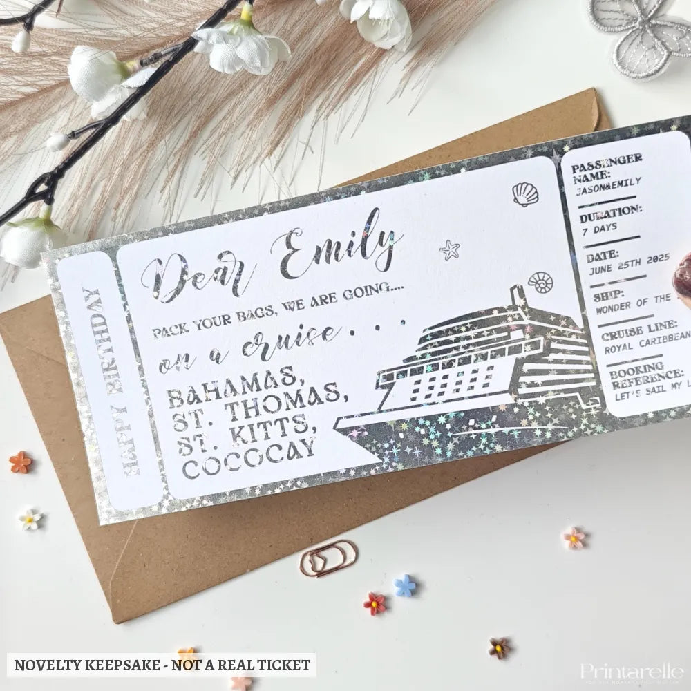 Personalised Cruise Ticket Gift | Travel Destination Surprise - personalised cruise, silver holographic, personalised