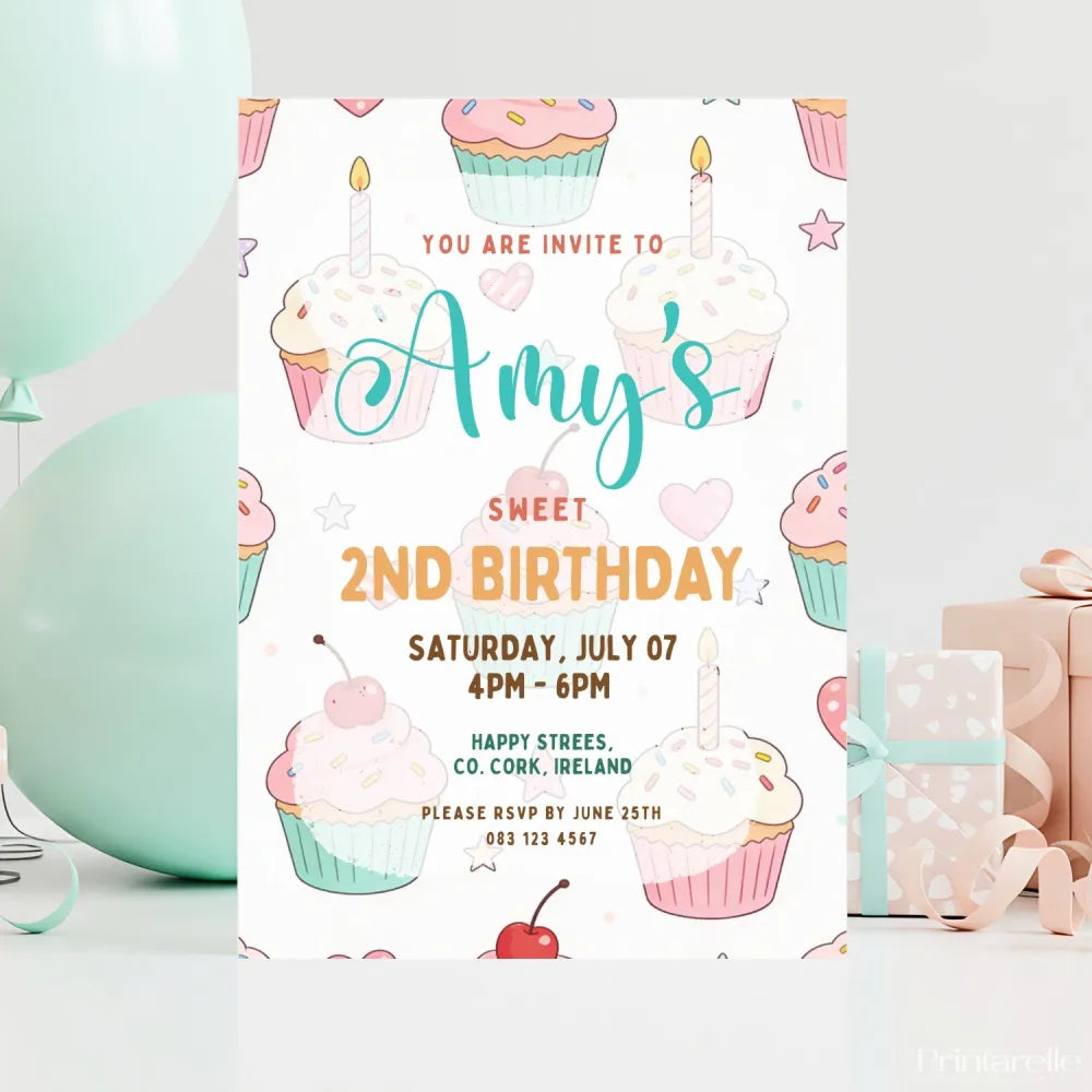 Personalised Cupcake Birthday Party Invitation - cupcake birthday, birthday invitations, cupcake birthday invitations,