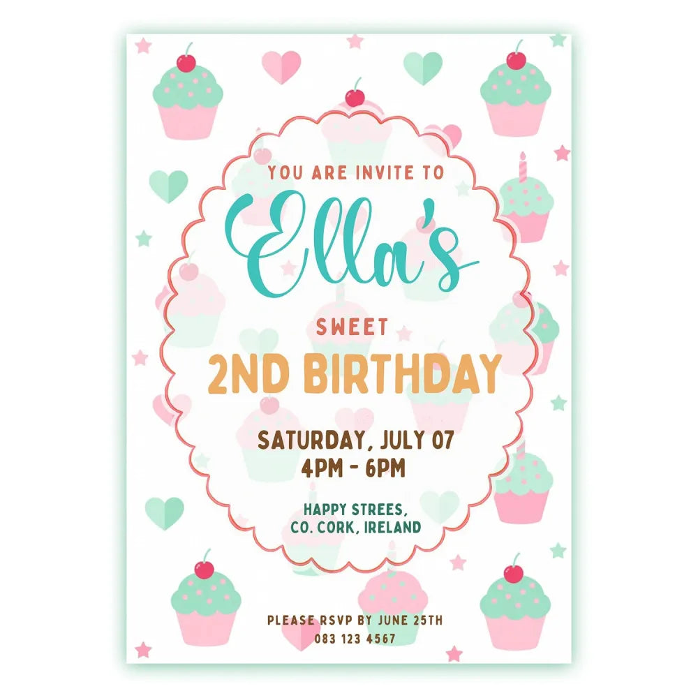 Personalised Cupcake Birthday Party Invitation - cupcake birthday, cupcake birthday party, birthday party invitation,