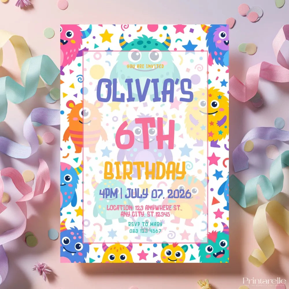 Personalised Cute Monster Birthday Party Invitation – Kawaii Pastel Creatures & Confetti - monster birthday, birthday
