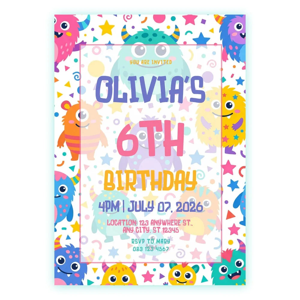 Personalised Cute Monster Birthday Party Invitation – Kawaii Pastel Creatures & Confetti - monster birthday, birthday