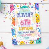 Personalised Cute Monster Birthday Party Invitation – Kawaii Pastel Creatures & Confetti - monster birthday, birthday