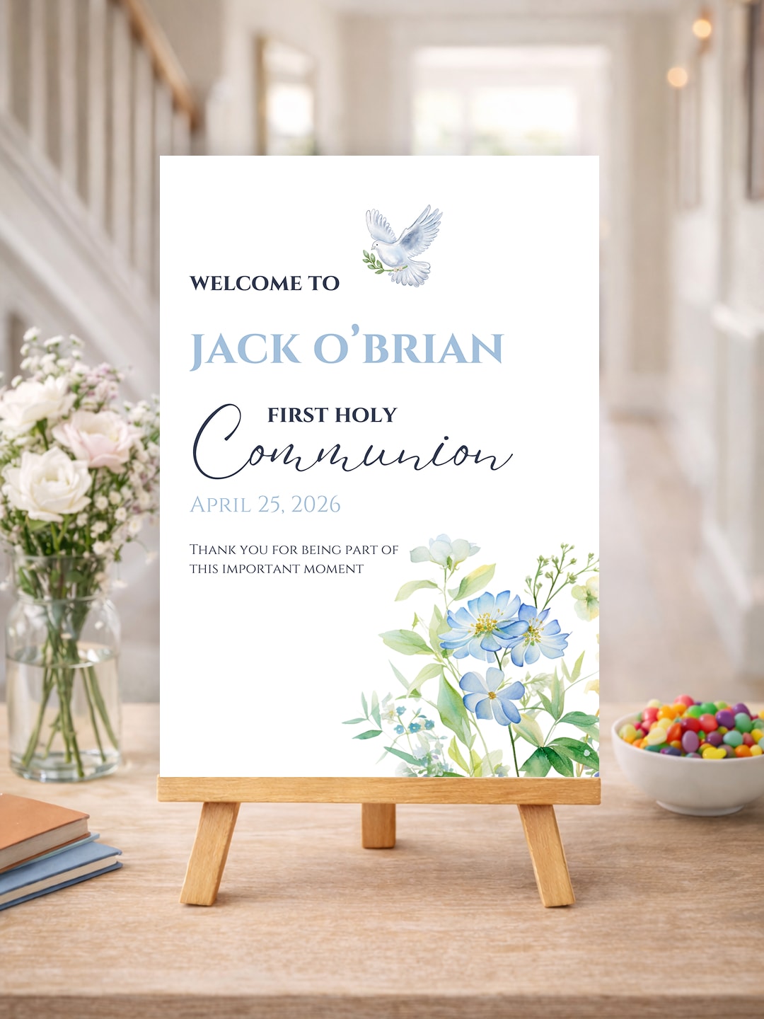 Personalised Dove & Blue Florals First Holy Communion Welcome Sign - Party Decor - Printarelle