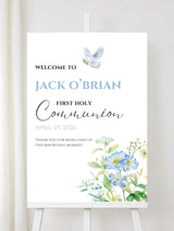 Personalised Dove & Blue Florals First Holy Communion Welcome Sign - Party Decor - Printarelle