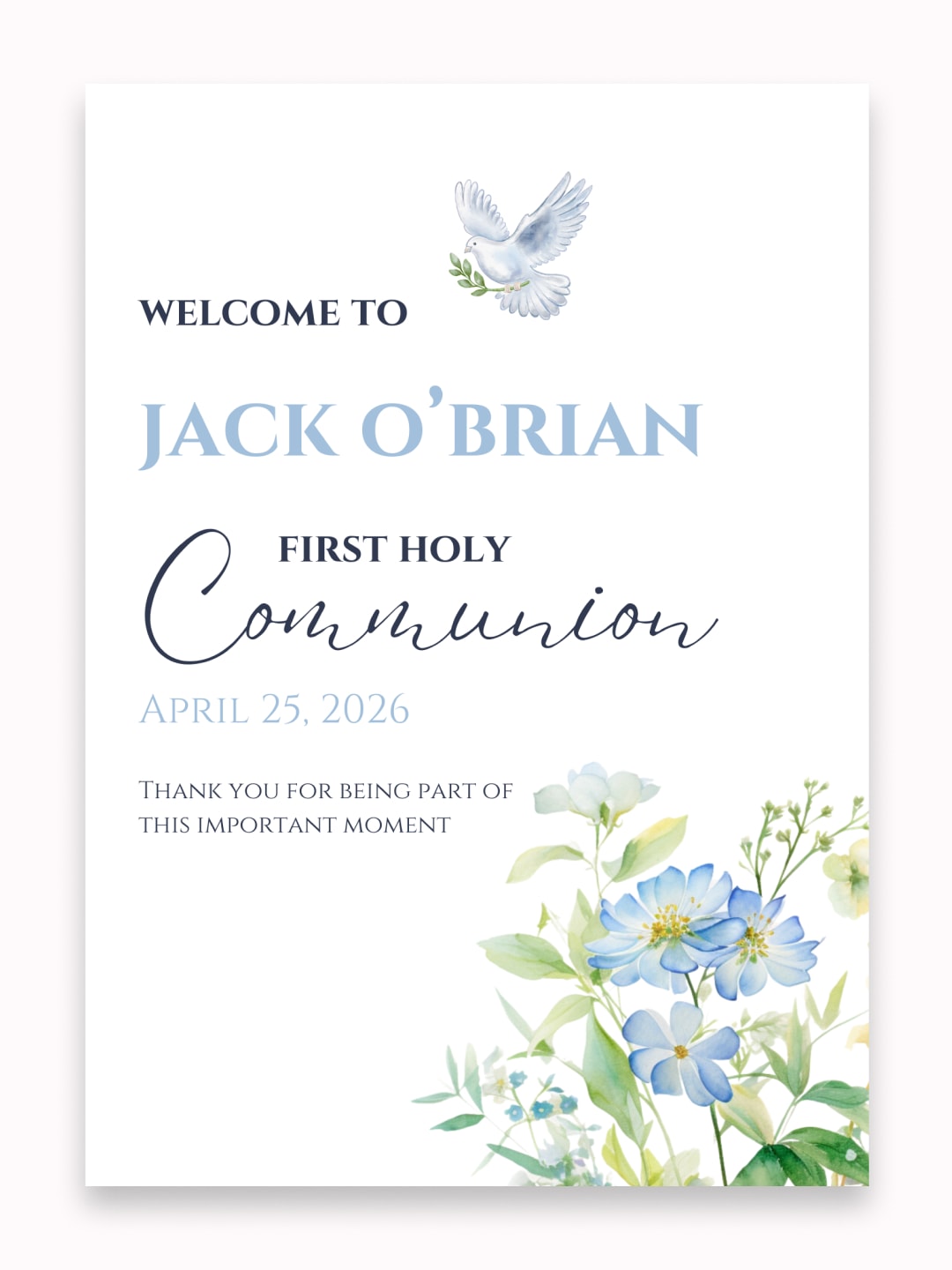 Personalised Dove & Blue Florals First Holy Communion Welcome Sign - Party Decor - Printarelle