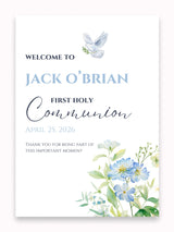 Personalised Dove & Blue Florals First Holy Communion Welcome Sign - Party Decor - Printarelle