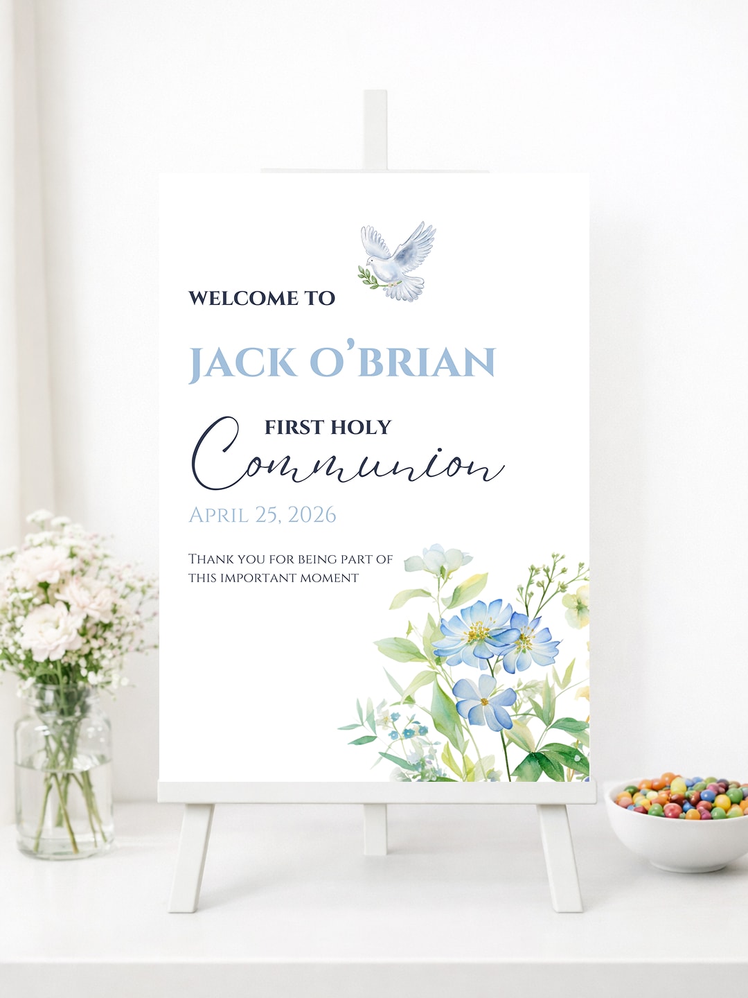 Personalised Dove & Blue Florals First Holy Communion Welcome Sign - Party Decor - Printarelle