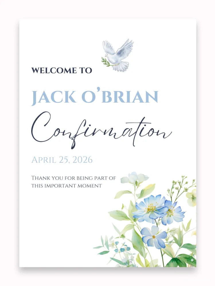 Personalised Dove & Blue Flowers Confirmation Welcome Sign - Party Decor - Printarelle