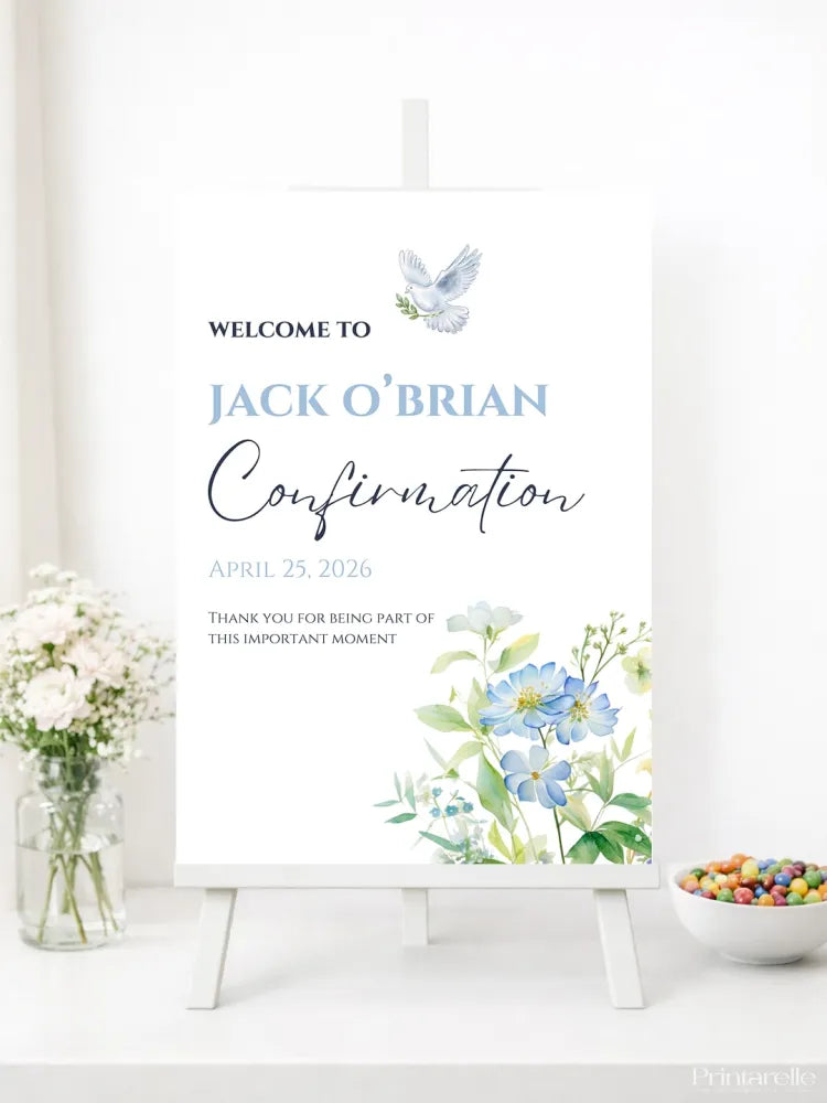Personalised Dove & Blue Flowers Confirmation Welcome Sign - Party Decor - Printarelle