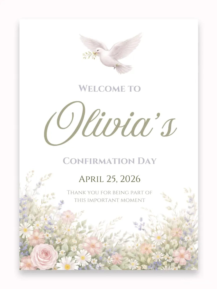 Personalised Dove Confirmation Welcome Sign - Party Decor - Printarelle