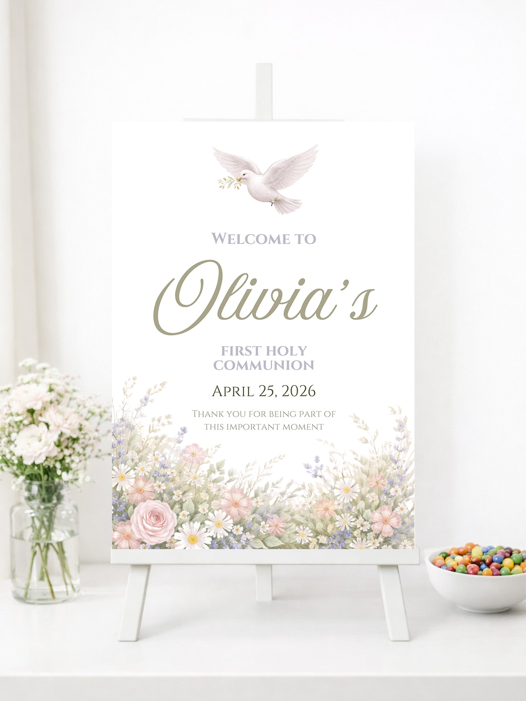 Personalised Dove & Wildflowers First Holy Communion Welcome Sign