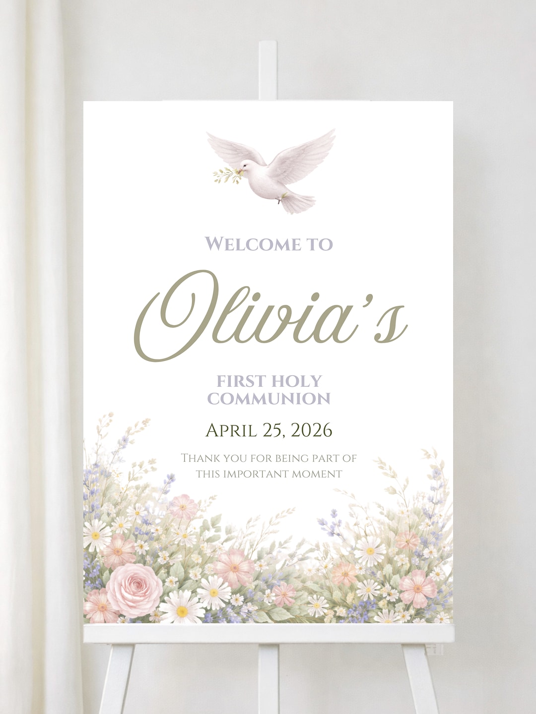 Personalised Dove & Wildflowers First Holy Communion Welcome Sign
