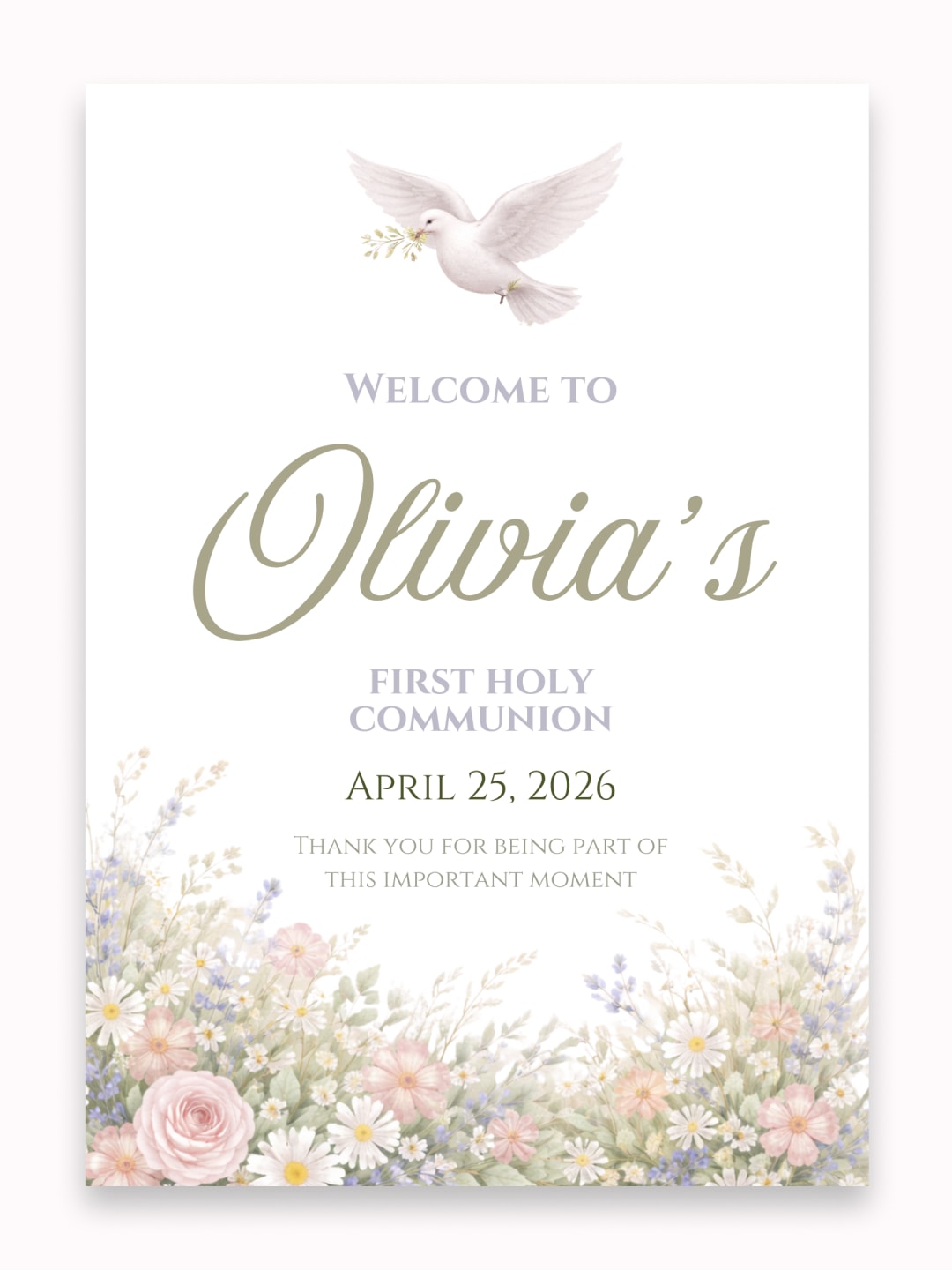 Personalised Dove & Wildflowers First Holy Communion Welcome Sign