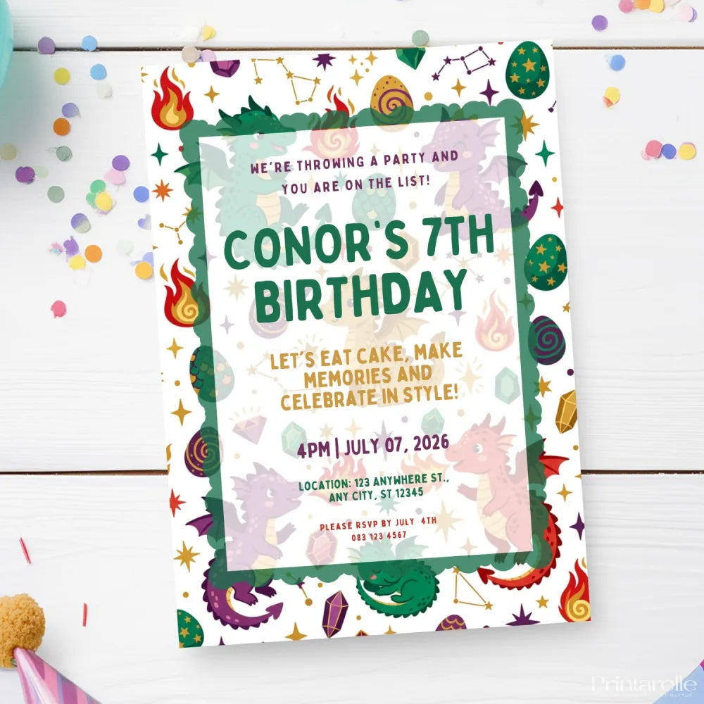 Personalised Dragon Birthday Party Invitation – Baby Dragons Eggs & Crystals Scalloped Border - dragon birthday, baby