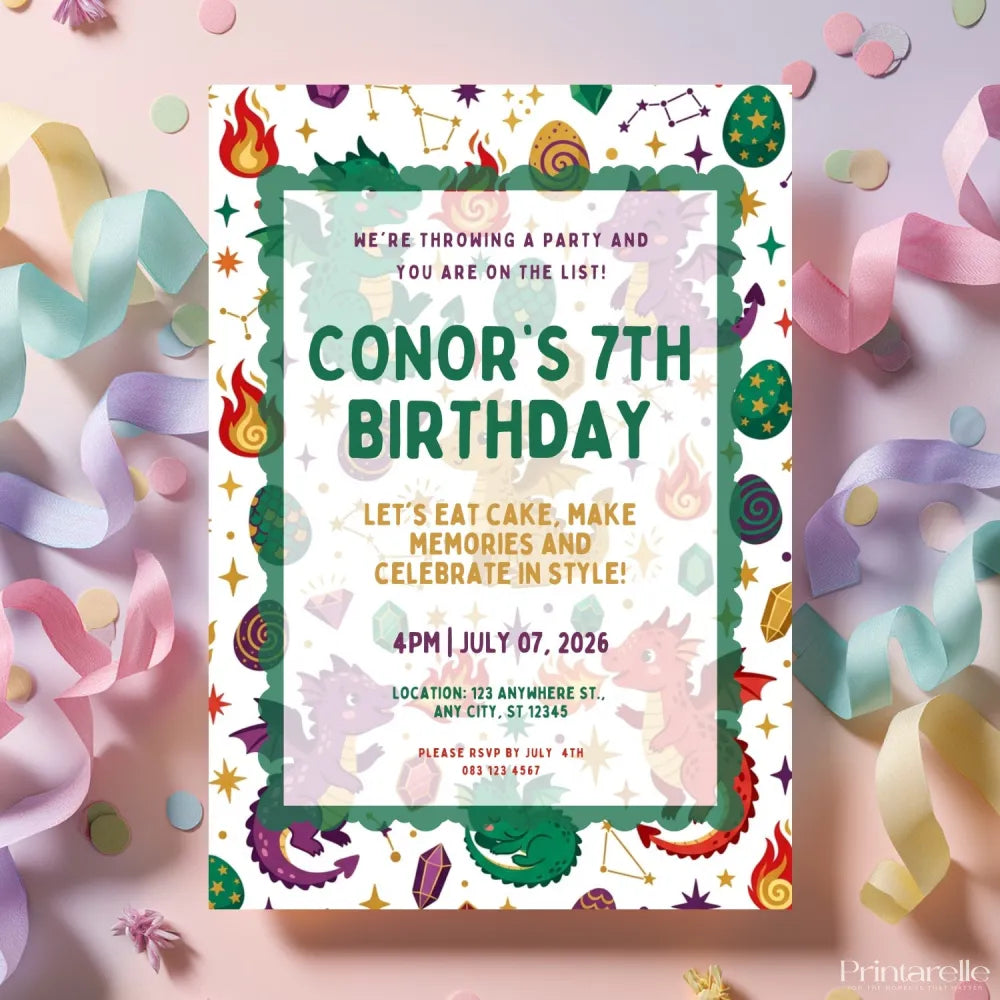 Personalised Dragon Birthday Party Invitation – Baby Dragons Eggs & Crystals Scalloped Border - dragon birthday, baby