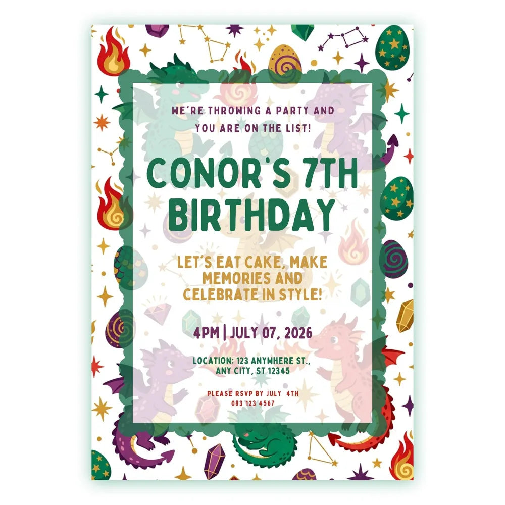 Personalised Dragon Birthday Party Invitation – Baby Dragons Eggs & Crystals Scalloped Border - dragon birthday, baby