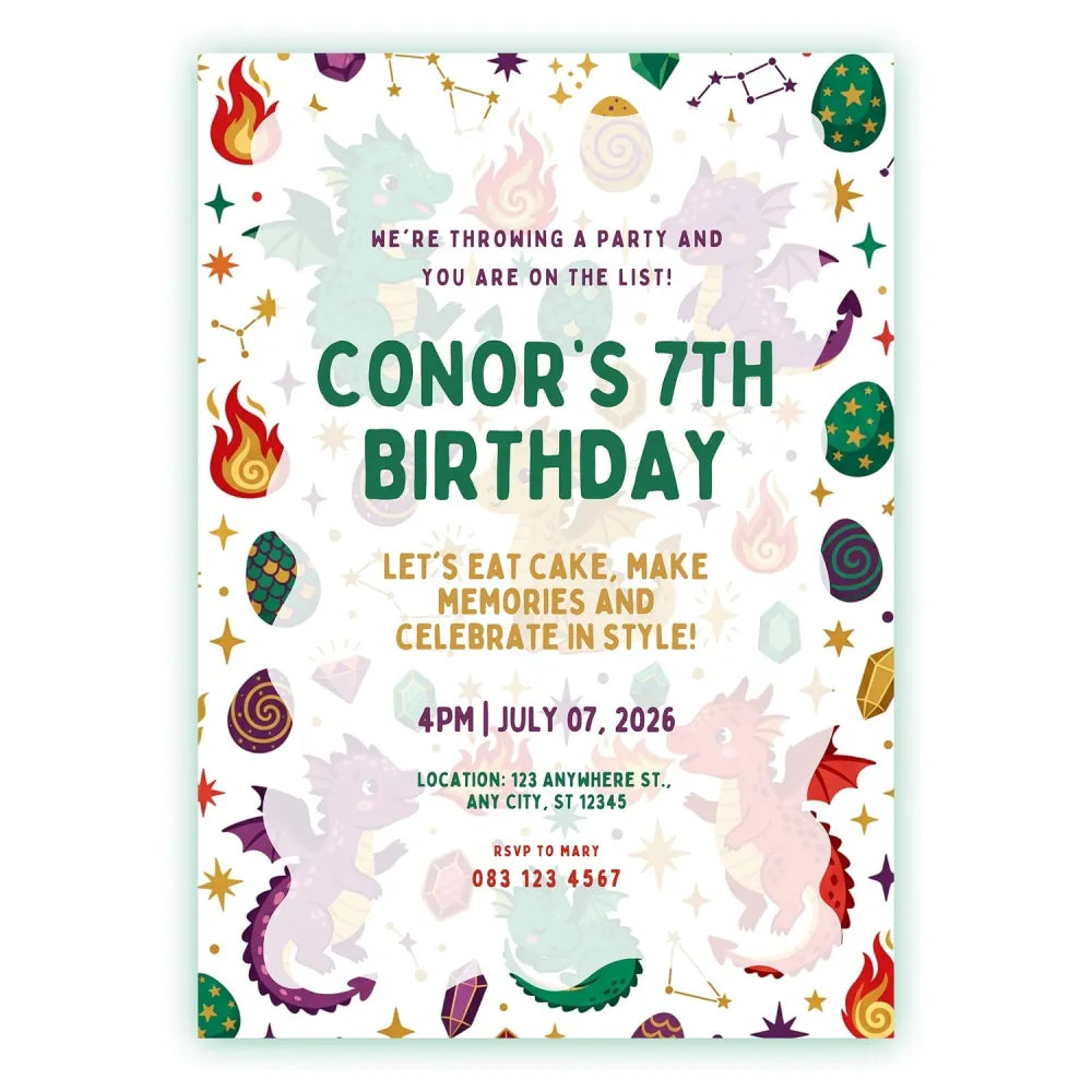 Personalised Dragon Birthday Party Invitation – Colourful Baby Dragons & Gems Open Layout - dragon birthday, baby