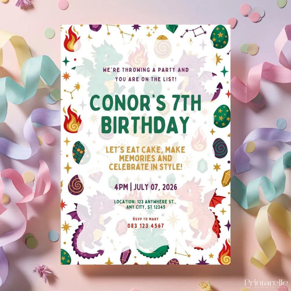 Personalised Dragon Birthday Party Invitation – Colourful Baby Dragons & Gems Open Layout - dragon birthday, baby