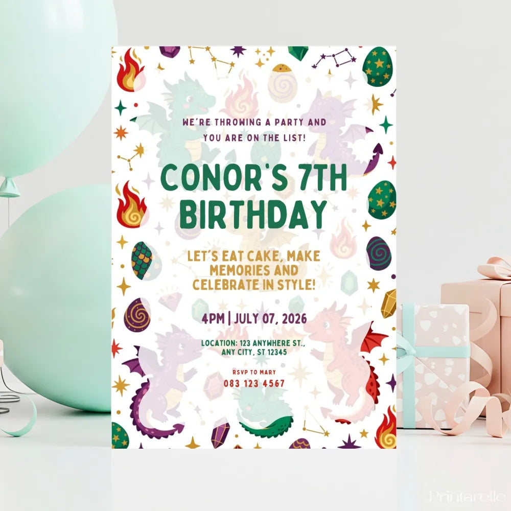 Personalised Dragon Birthday Party Invitation – Colourful Baby Dragons & Gems Open Layout - dragon birthday, baby