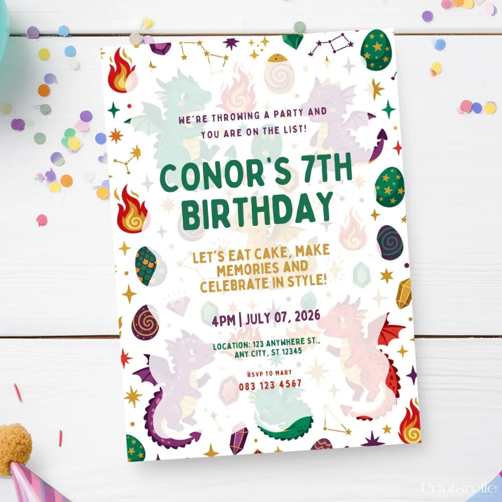 Personalised Dragon Birthday Party Invitation – Colourful Baby Dragons & Gems Open Layout - dragon birthday, baby