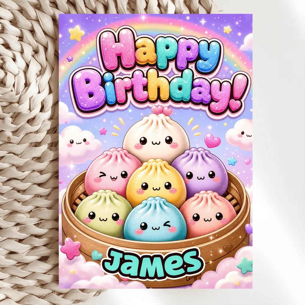 Personalised Dumpling Birthday Card | Bold Name Base - kraft envelope, bold 3d letters, kawaii birthday, birthday