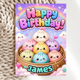 Personalised Dumpling Birthday Card | Bold Name Base - kraft envelope, bold 3d letters, kawaii birthday, birthday