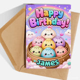 Personalised Dumpling Birthday Card | Bold Name Base - kraft envelope, bold 3d letters, kawaii birthday, birthday