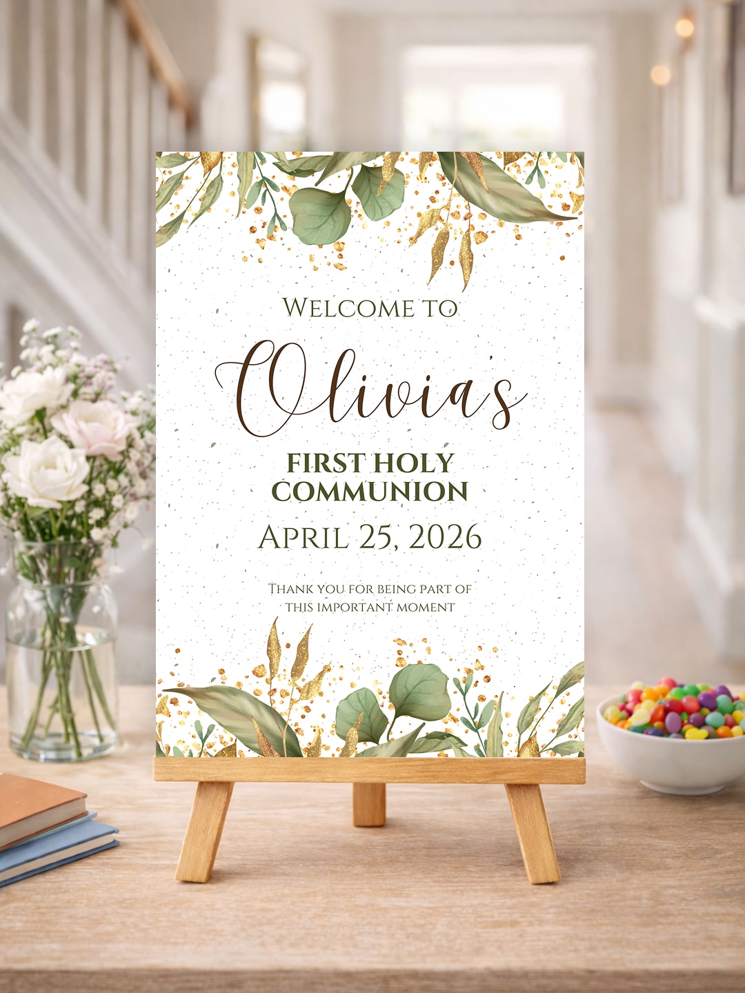 Personalised Eucalyptus First Holy Communion Welcome Sign - Party Decor - Printarelle