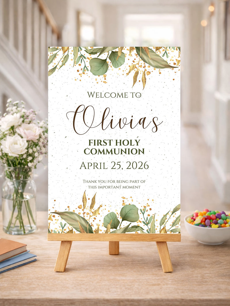 A white personalised eucalyptus first holy communion welcome sign with gold foil soft watercolour details 210mm x 297mm