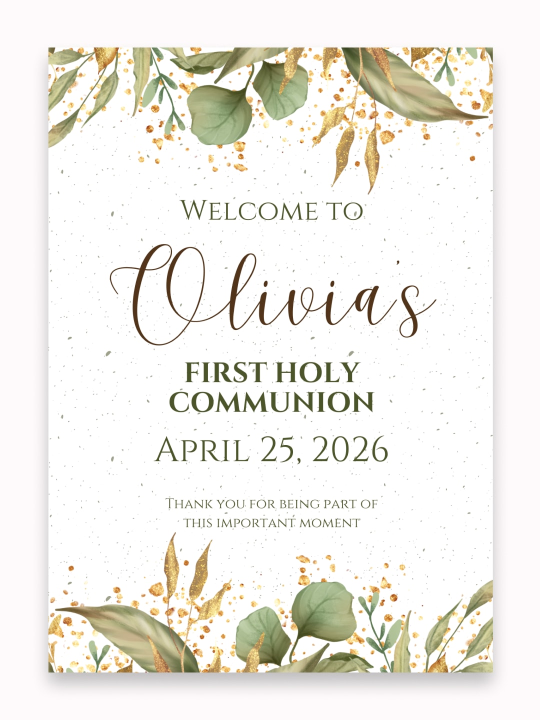 Personalised Eucalyptus First Holy Communion Welcome Sign - Party Decor - Printarelle