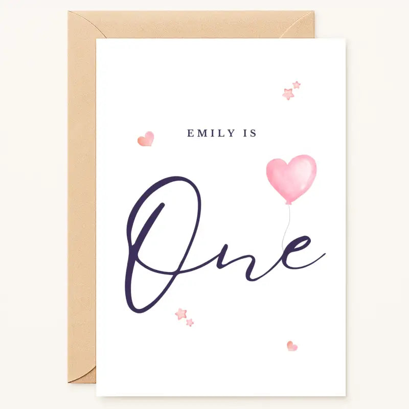 personalised 1st birthday card with pink heart balloon and child name