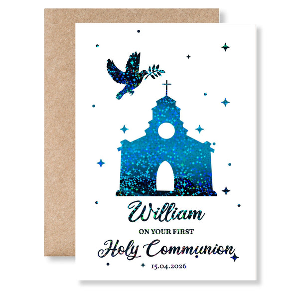 Personalised First Holy Communion Card - Church & Dove Foil - Greeting Card - Printarelle
