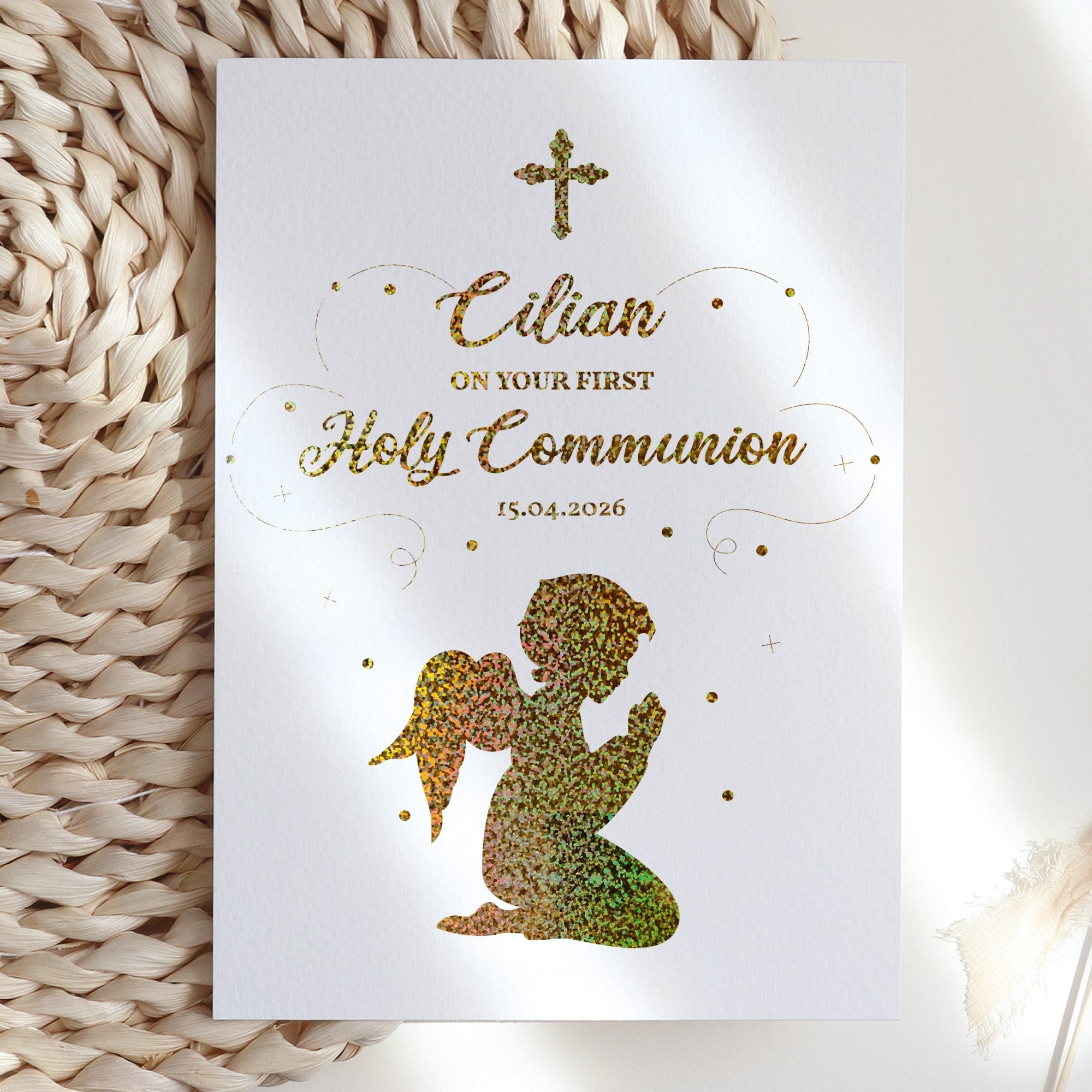Personalised praying child foil Communion card handmade Cork