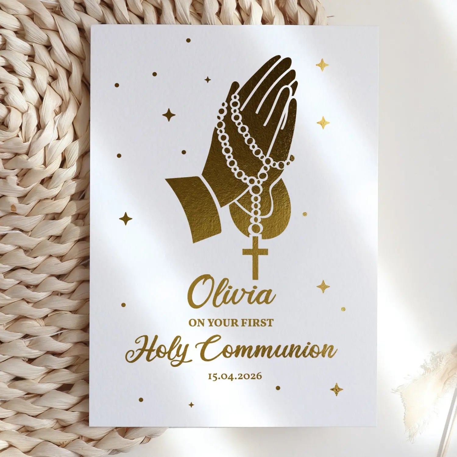 personalised first holy communion card praying hands foil printarelle
