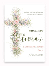 Personalised Floral Cross Confirmation Welcome Sign - Party Decor - Printarelle