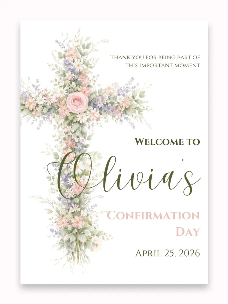 Personalised Floral Cross Confirmation Welcome Sign - Party Decor - Printarelle