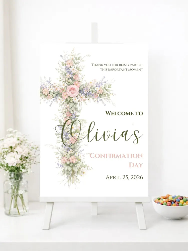 Personalised Floral Cross Confirmation Welcome Sign - Party Decor - Printarelle