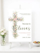 Personalised Floral Cross Confirmation Welcome Sign - Party Decor - Printarelle