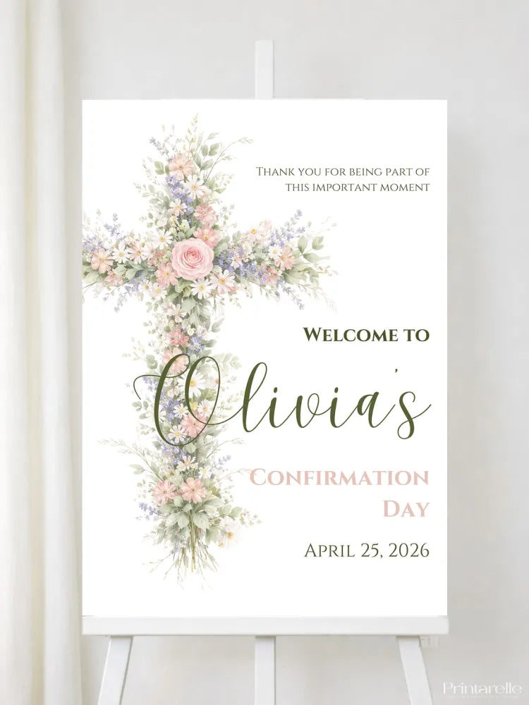Personalised Floral Cross Confirmation Welcome Sign - Party Decor - Printarelle