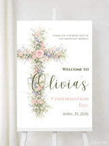 Personalised Floral Cross Confirmation Welcome Sign - Party Decor - Printarelle