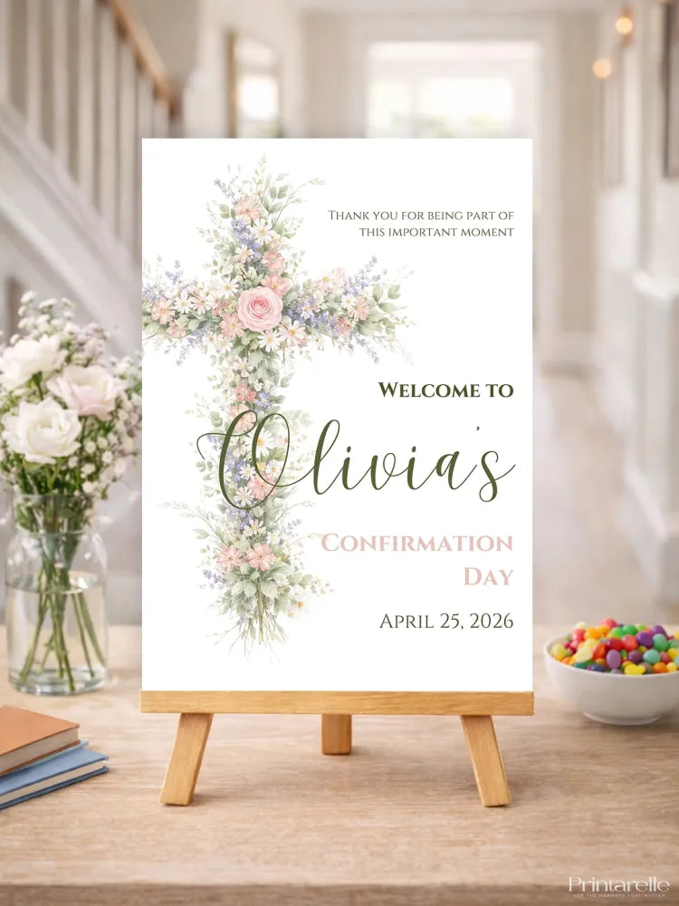 Personalised Floral Cross Confirmation Welcome Sign - Party Decor - Printarelle