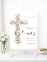 Personalised Floral Cross First Holy Communion Welcome Sign - Party Decor - Printarelle