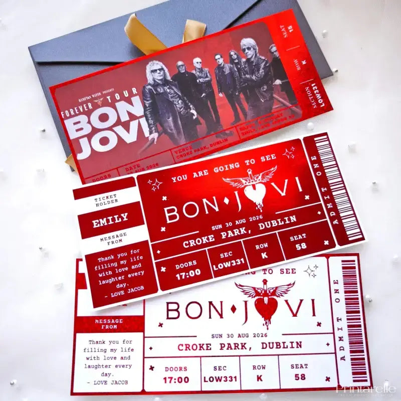 personalised bon jovi foil concert ticket in red with kraft envelope