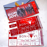 personalised bon jovi foil concert ticket in red with kraft envelope