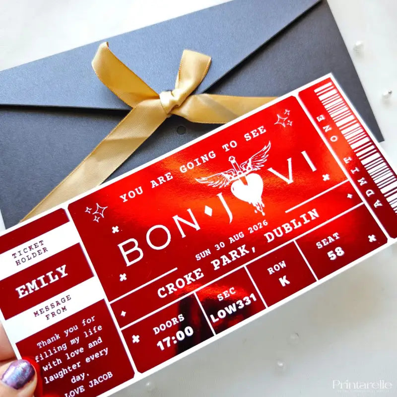 personalised bon jovi foil concert ticket in red with kraft envelope