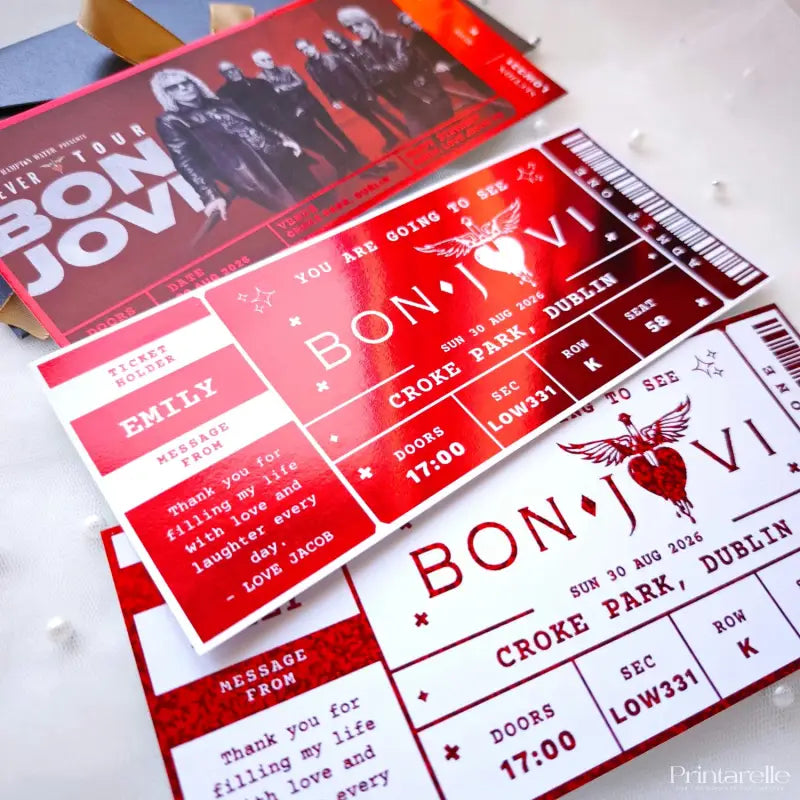 personalised bon jovi foil concert ticket in red with kraft envelope